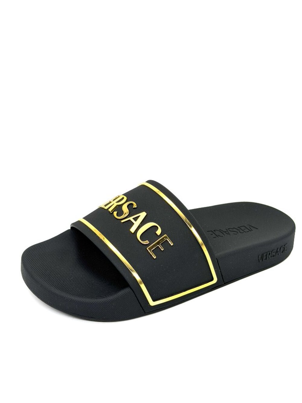 VERSACE Logo Rubber Pool Sandals Slides Shoes Black Gold